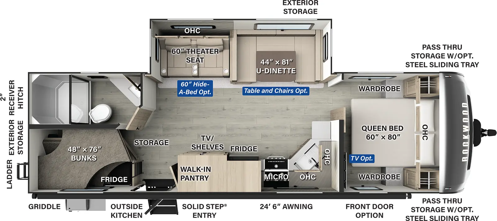 The Rockwood Ultra Lite Travel Trailers 2706BH has two entries and one slide out. Exterior features include: fiberglass exterior, 24'6" awning and outside kitchen. Interiors features include: bunk beds, free-standing dinette option, u-dinette and front bedroom.